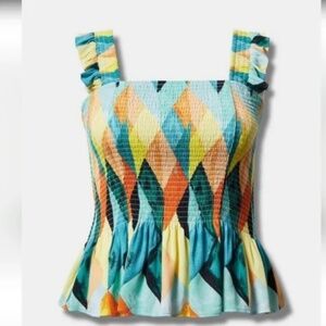 Torrid Top Women 4X Yellow Peplum Crinkle Gauze Smocked Ruffle Geometric Goth